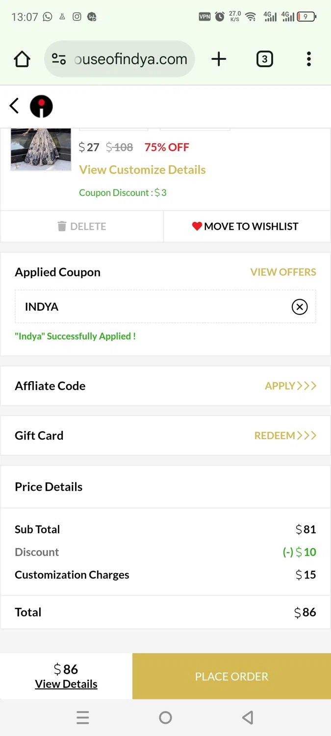 Indya coupon code screenshot showing code INDYA applied at Indya checkout page. Uploaded by SimplyCodes community member rafaelmarquez on Jun 21, 2025