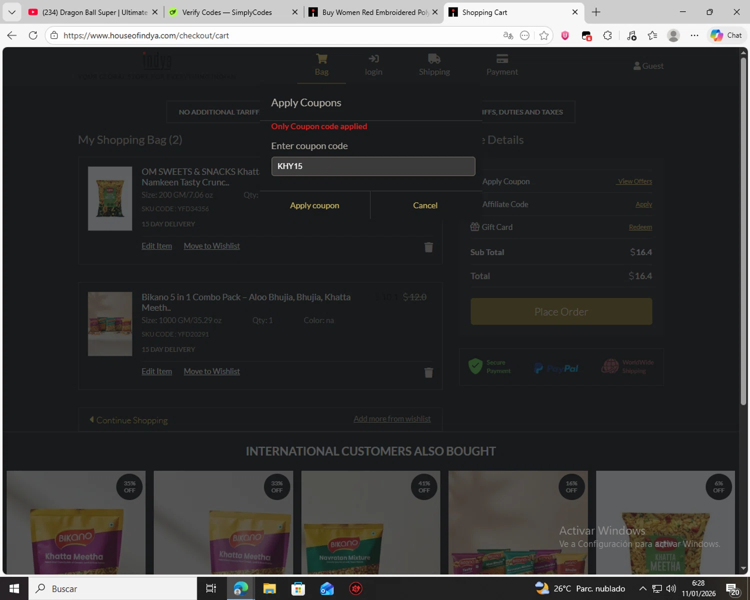 Indya checkout page showing Indya coupon code box | Screenshot taken by SimplyCodes community member on Jan 11, 2026