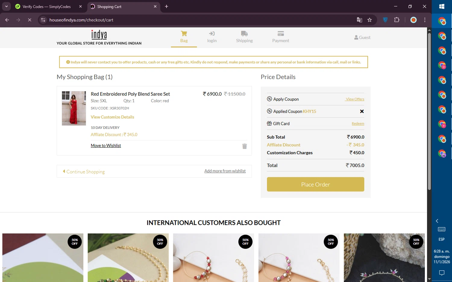 Indya checkout page showing Indya coupon code box | Screenshot taken by SimplyCodes community member on Jan 11, 2026
