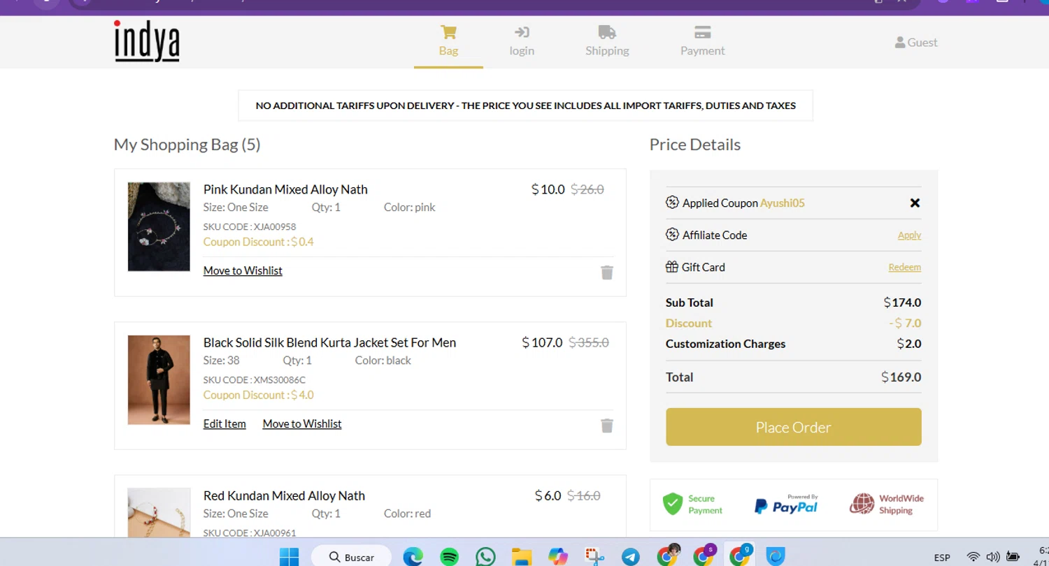 Indya coupon code screenshot showing code ayushi05 applied at Indya checkout page. Uploaded by SimplyCodes community member FrugalVirtuoso6318 on Nov 4, 2025
