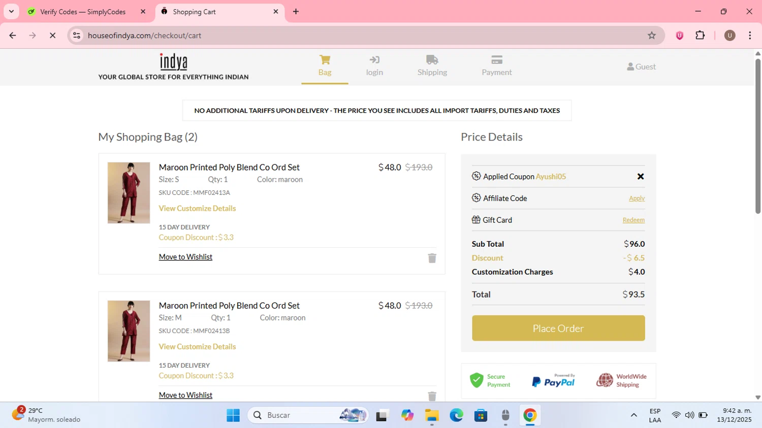 Indya coupon code screenshot showing code ayushi05 applied at Indya checkout page. Uploaded by SimplyCodes community member MightyPilot3700 on Dec 13, 2025
