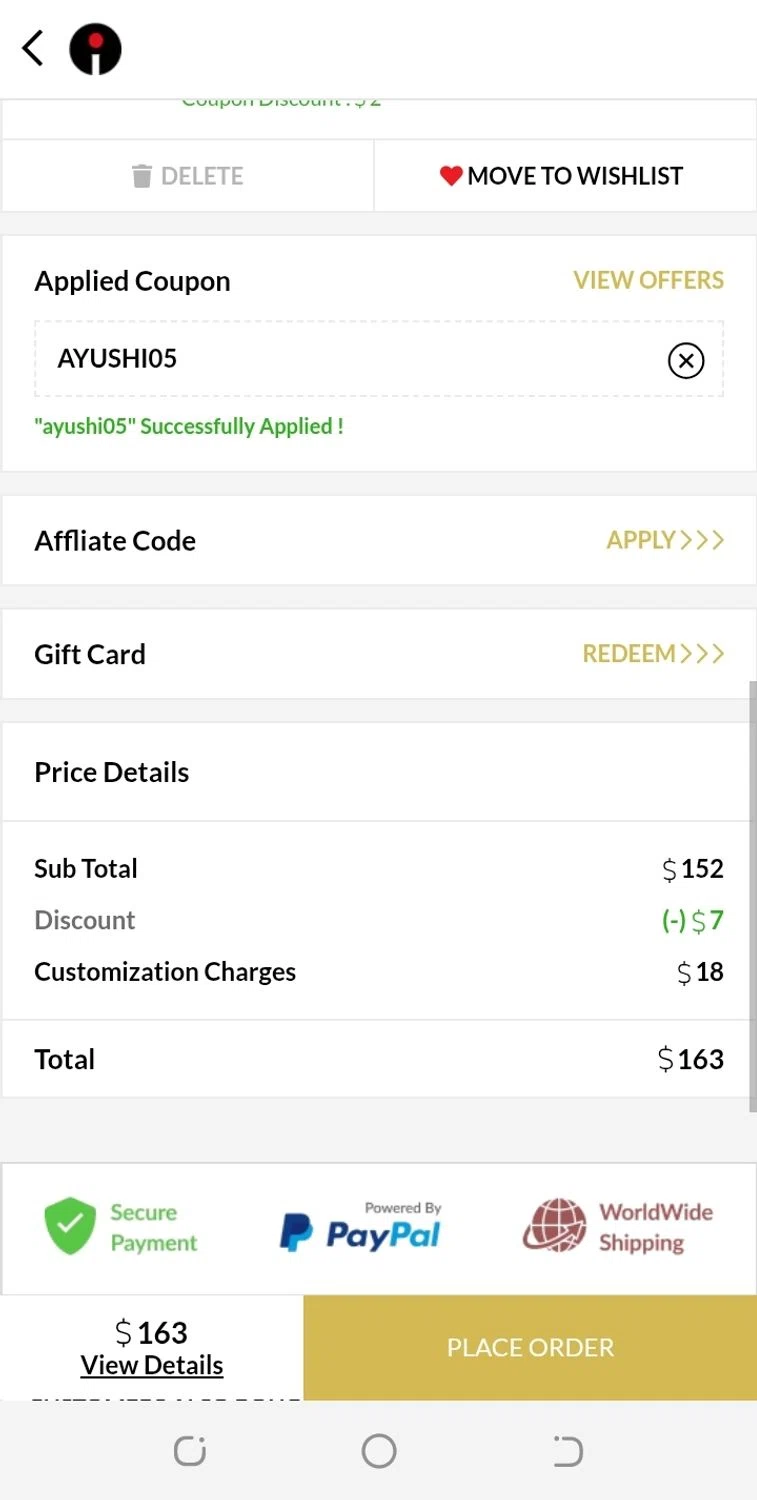 Indya coupon code screenshot showing code ayushi05 applied at Indya checkout page. Uploaded by SimplyCodes community member aguirremariagabriela on Oct 21, 2025