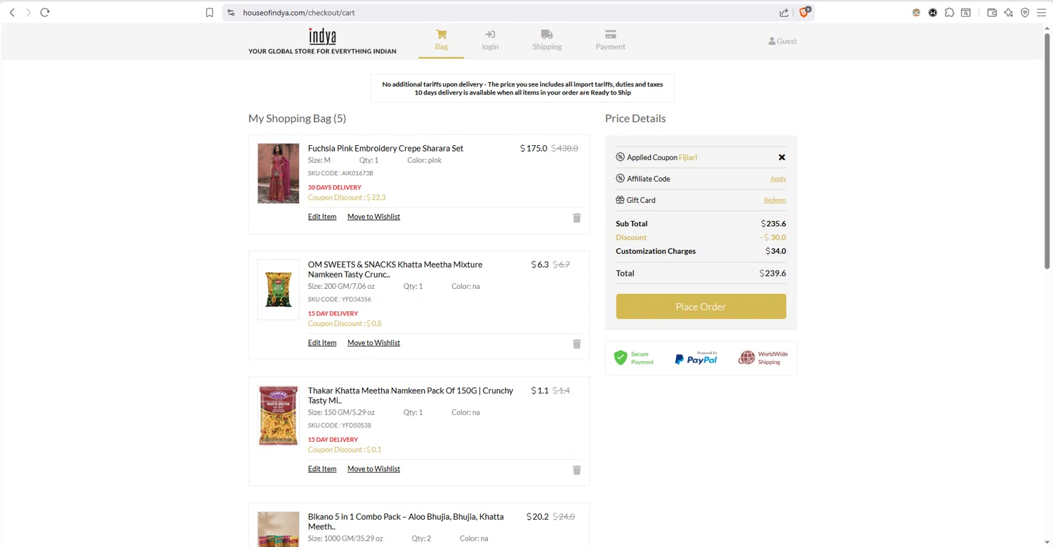 Indya checkout page showing Indya coupon code box | Screenshot taken by SimplyCodes community member on Jan 29, 2026