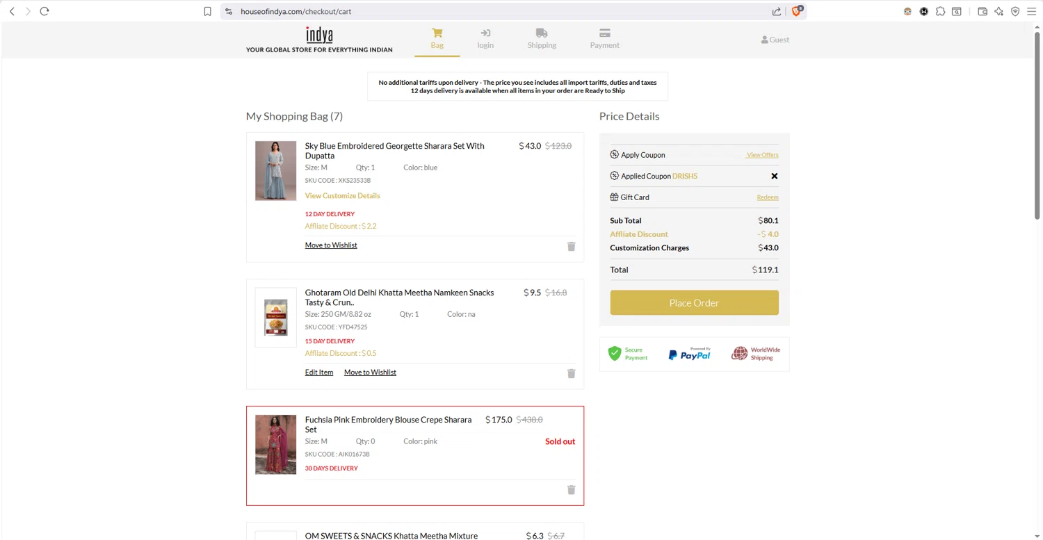 Indya checkout page showing Indya coupon code box | Screenshot taken by SimplyCodes community member on Feb 11, 2026