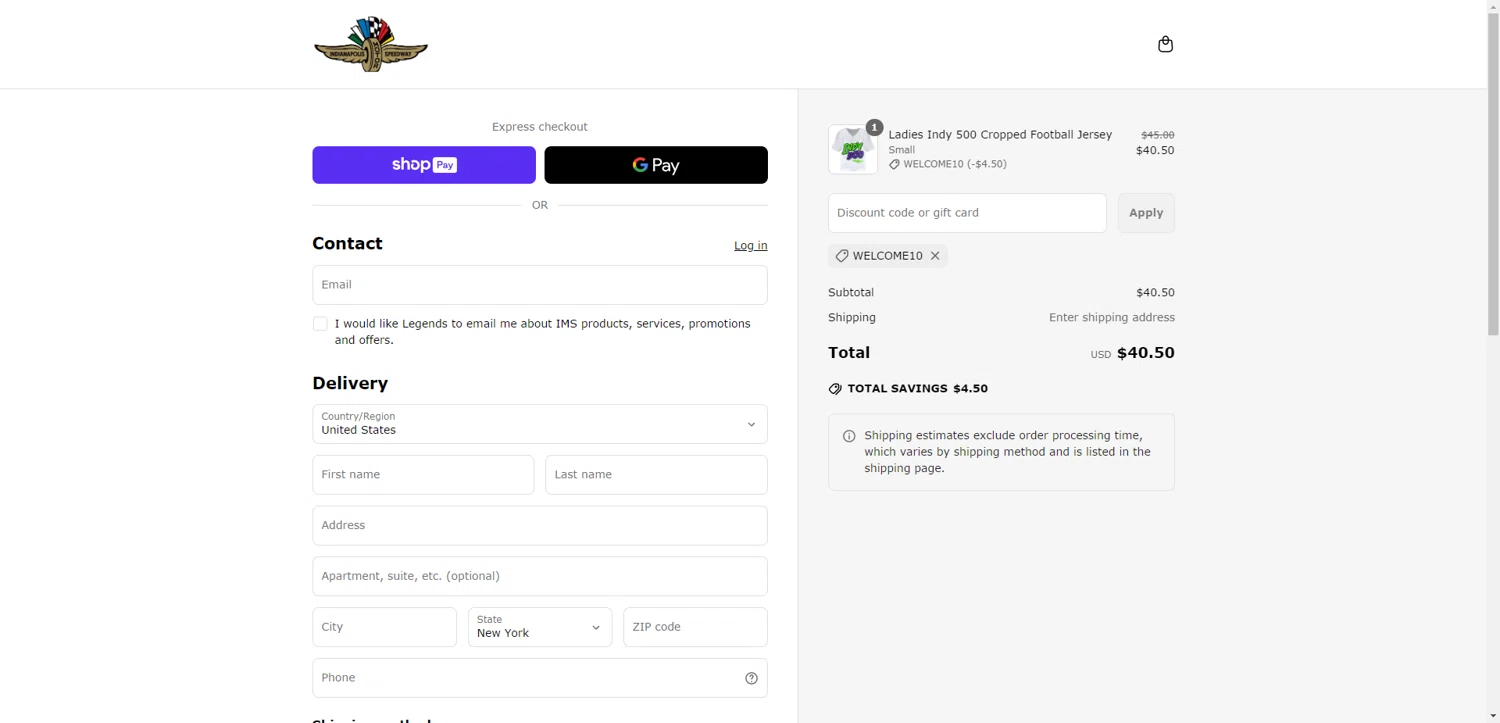 Indianapolis Motor Speedway promo code screenshot showing code WELCOME10 applied at Indianapolis Motor Speedway checkout page. Uploaded by SimplyCodes community member ScanRanger3503 on May 11, 2025