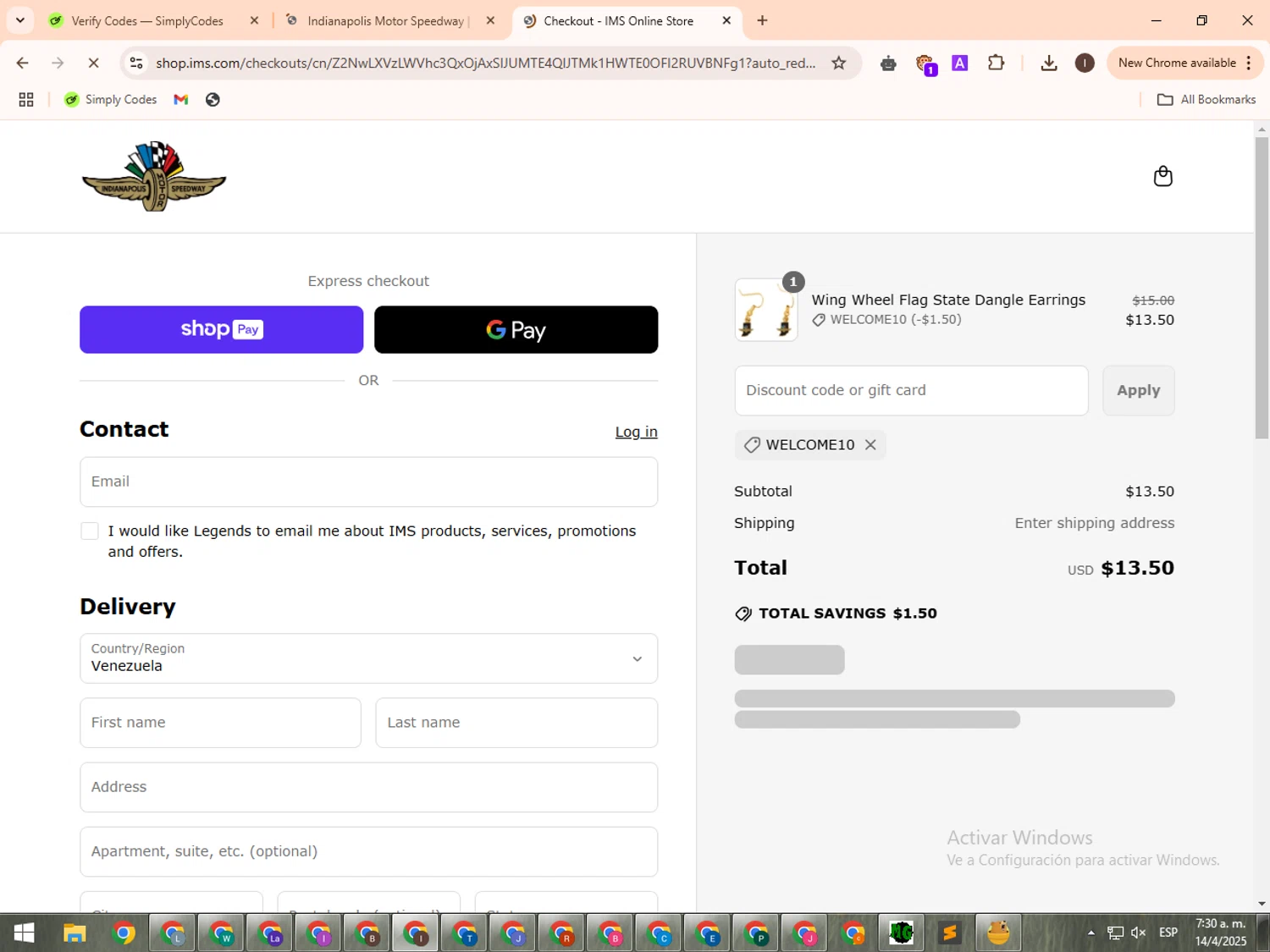 Indianapolis Motor Speedway checkout page showing Indianapolis Motor Speedway promo code box | Screenshot taken by SimplyCodes community member on Apr 14, 2025
