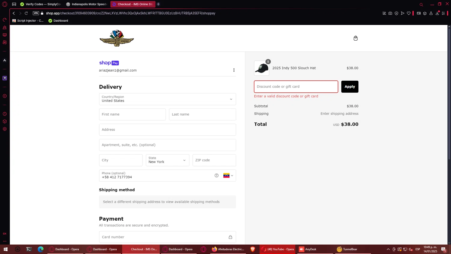 Indianapolis Motor Speedway promo code screenshot showing code FIREWORK10 applied at Indianapolis Motor Speedway checkout page. Uploaded by SimplyCodes community member LuckyLion1588 on Jan 15, 2025