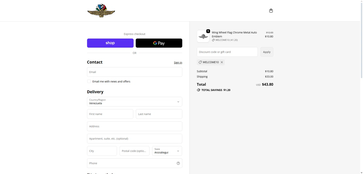 Indianapolis Motor Speedway promo code screenshot showing code WELCOME10 applied at Indianapolis Motor Speedway checkout page. Uploaded by SimplyCodes community member Dorothy on Dec 27, 2025