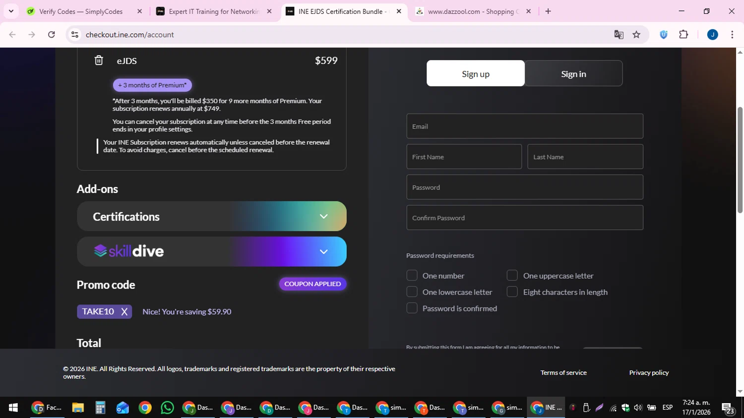 INE promo code screenshot showing code TAKE10 applied at INE checkout page. Uploaded by SimplyCodes community member noesmith34ur on Jan 17, 2026