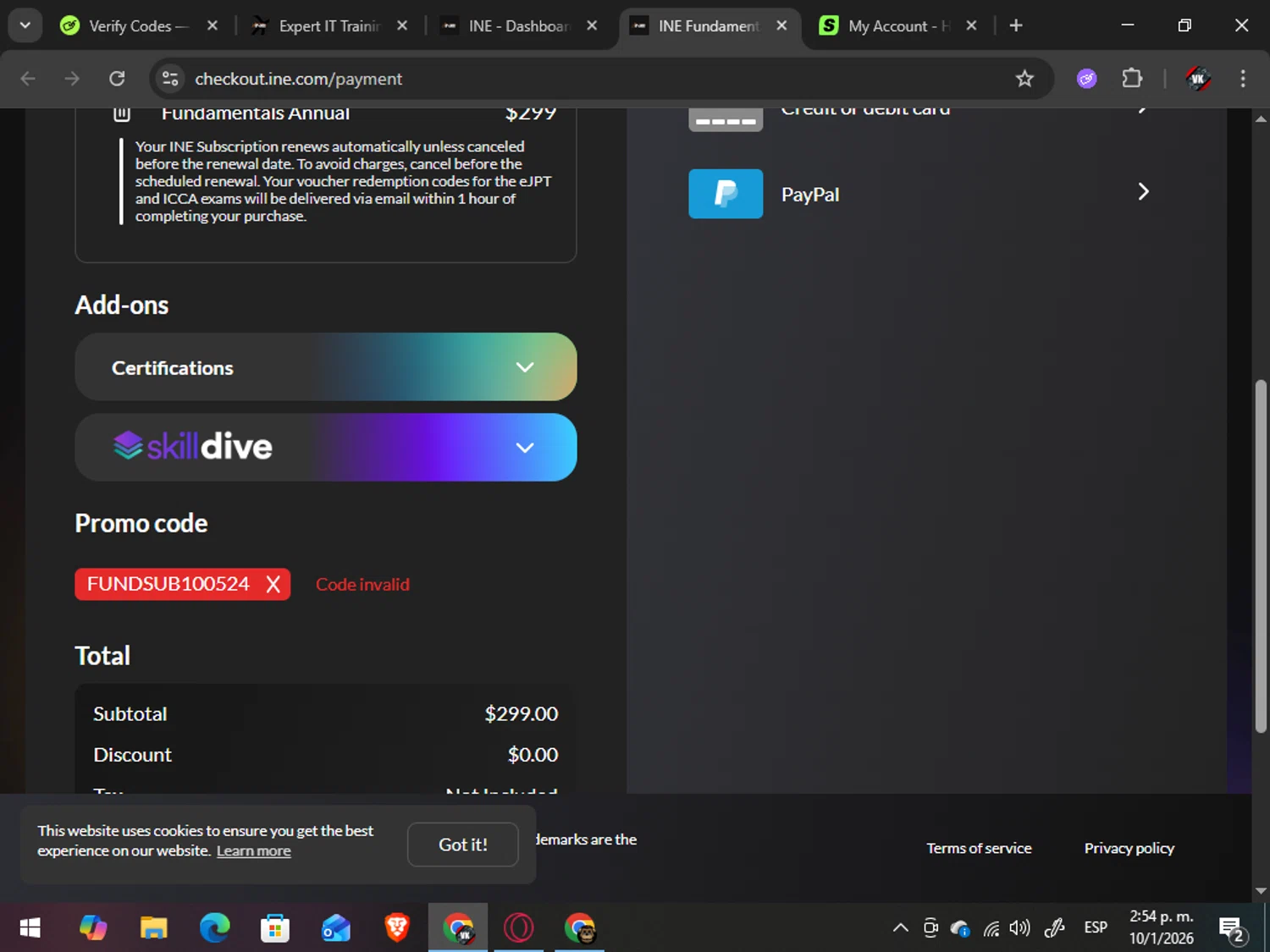 INE promo code screenshot showing code FUNDSUB100524 applied at INE checkout page. Uploaded by SimplyCodes community member TreasureAdmiral6867 on Jan 10, 2026