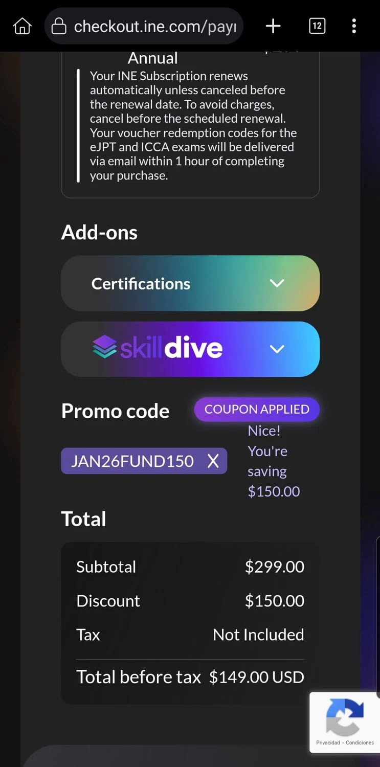 INE promo code screenshot showing code JAN26FUND150 applied at INE checkout page. Uploaded by SimplyCodes community member Carloslvz on Jan 17, 2026