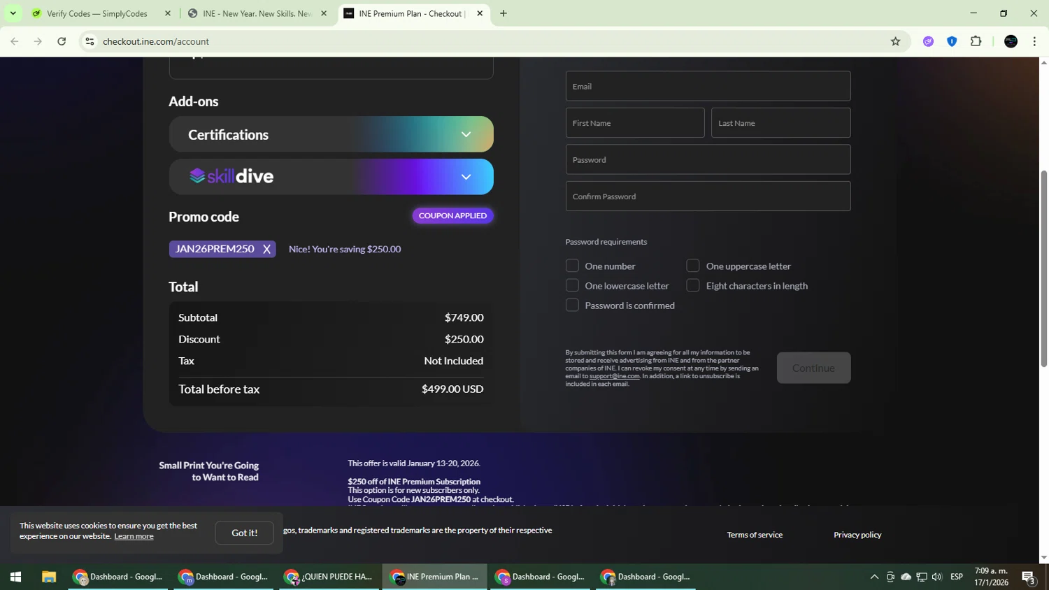INE promo code screenshot showing code JAN26PREM250 applied at INE checkout page. Uploaded by SimplyCodes community member CarmenVGR on Jan 17, 2026