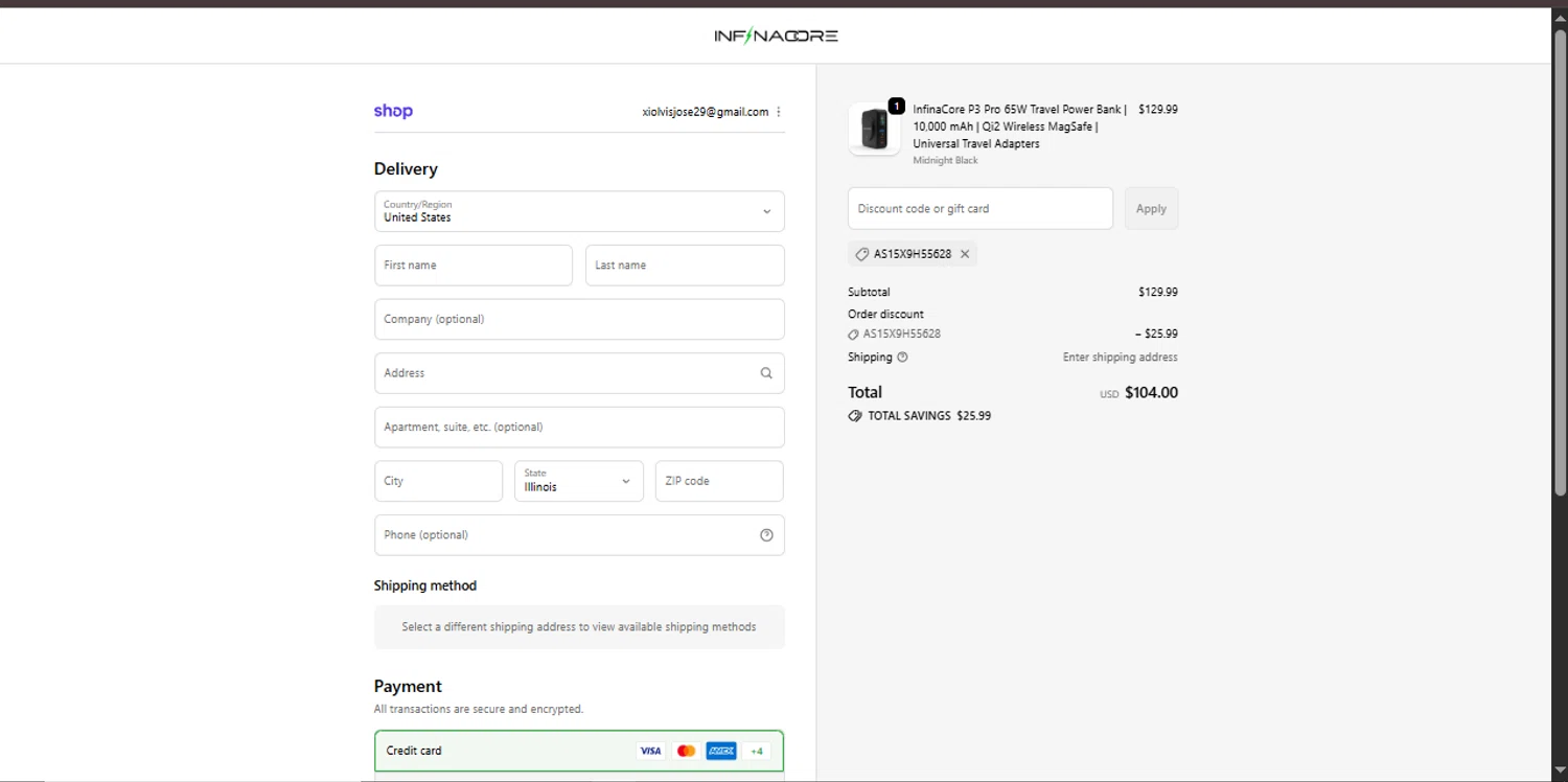 InfinaCore promo code screenshot showing code AS15X9H55628 applied at InfinaCore checkout page. Uploaded by SimplyCodes community member Xiooh292929 on Oct 3, 2025