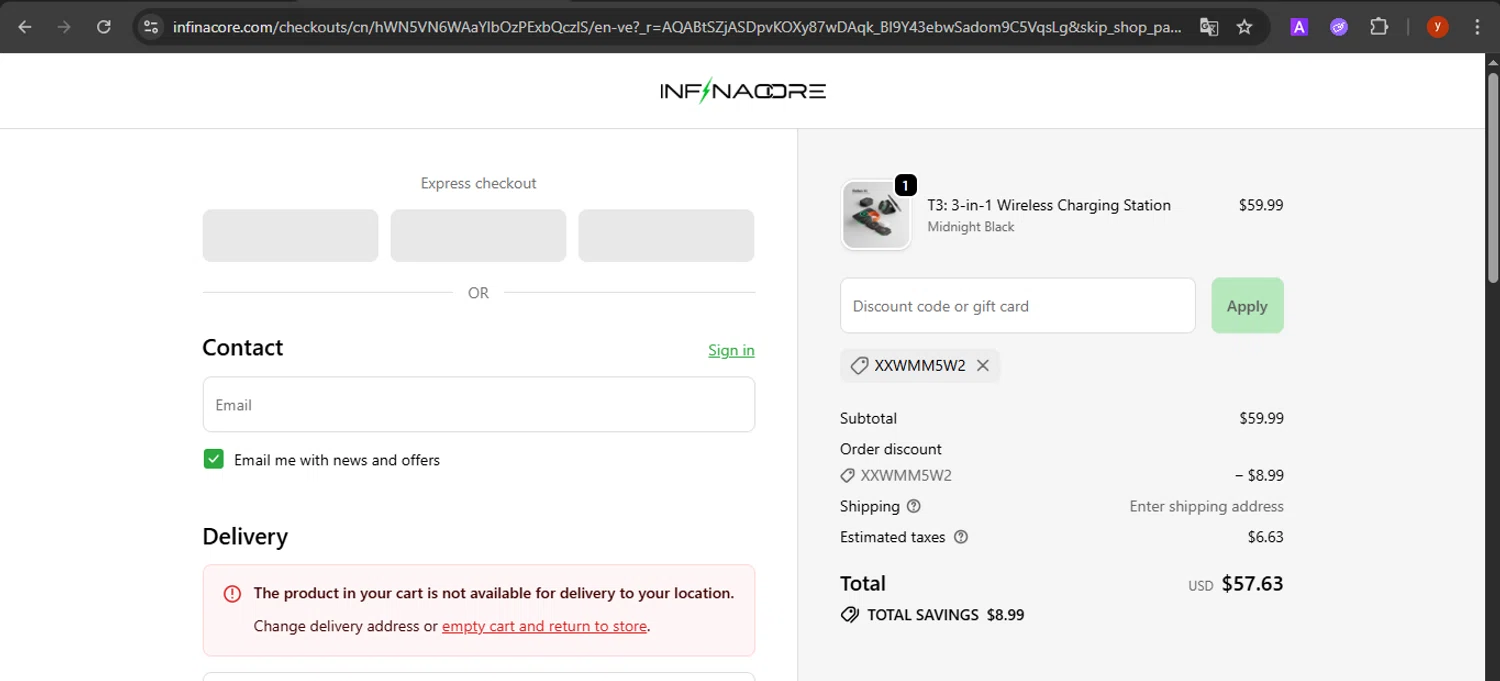 InfinaCore promo code screenshot showing code XXWMM5W2 applied at InfinaCore checkout page. Uploaded by SimplyCodes community member CrownTiger7501 on Nov 20, 2025