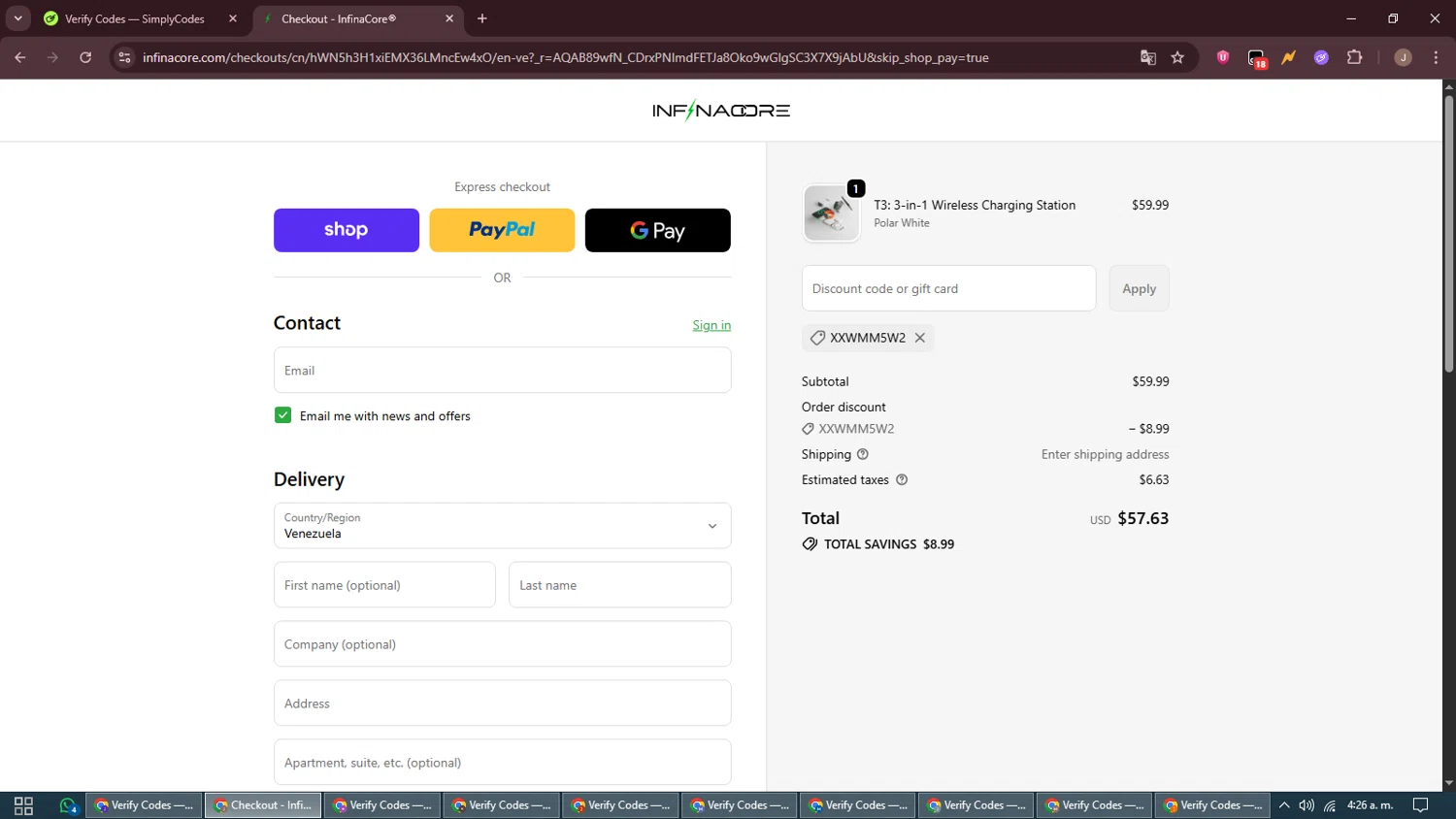 InfinaCore promo code screenshot showing code XXWMM5W2 applied at InfinaCore checkout page. Uploaded by SimplyCodes community member ShrewdAdmiral5920 on Nov 25, 2025