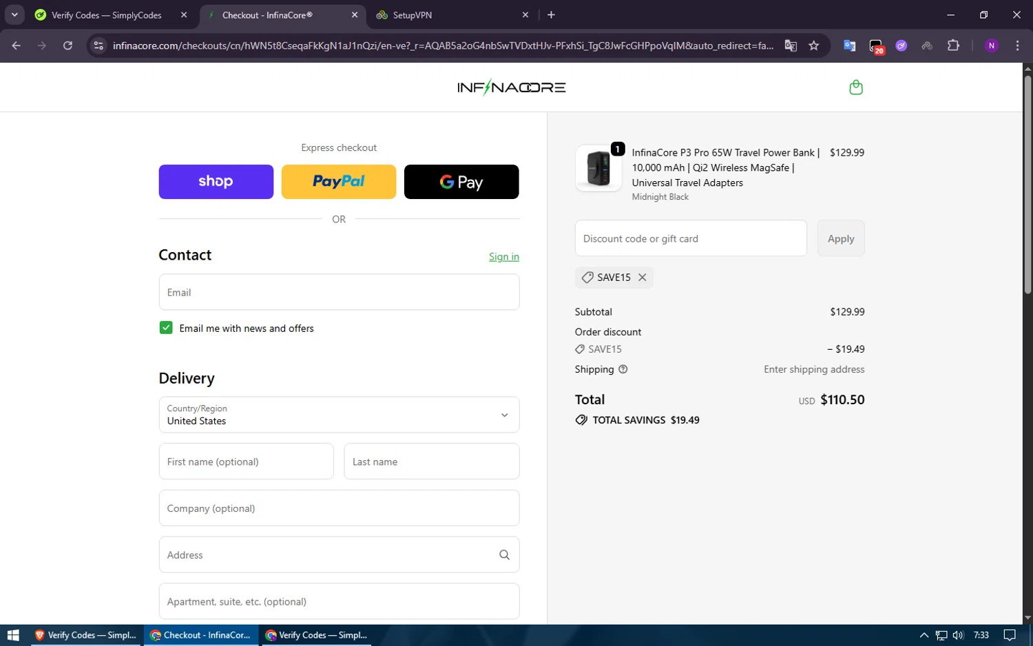 InfinaCore promo code screenshot showing code save15 applied at InfinaCore checkout page. Uploaded by SimplyCodes community member Voucher200 on Nov 30, 2025