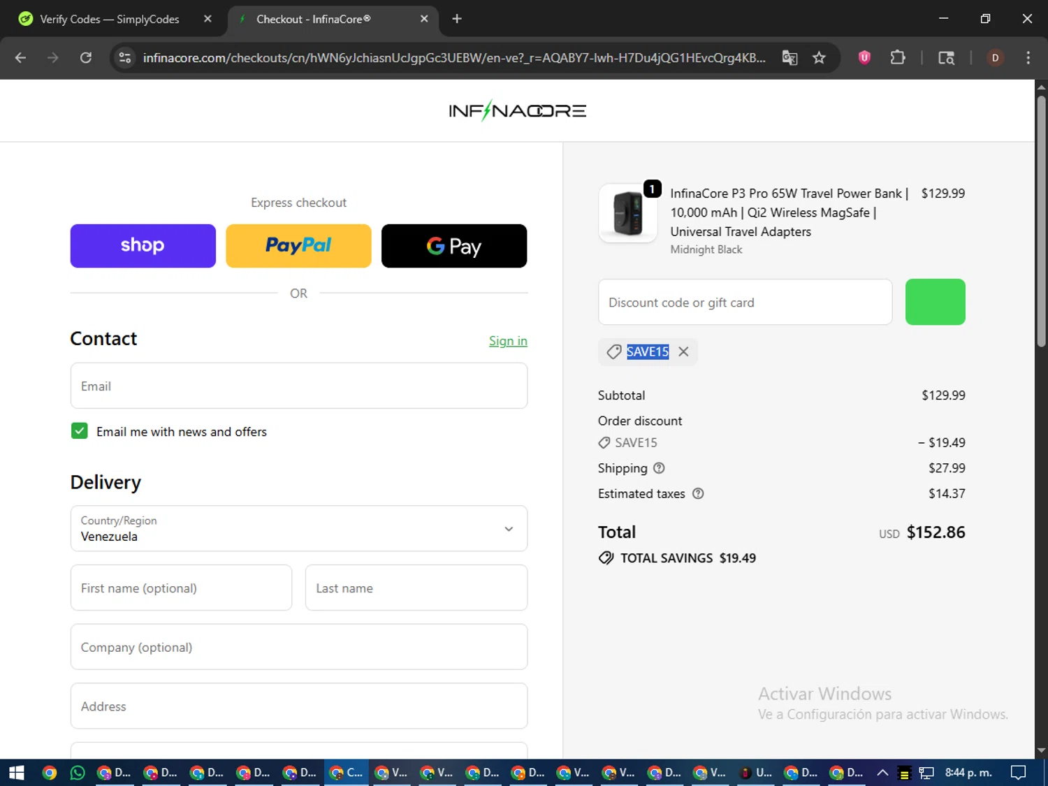 InfinaCore promo code screenshot showing code save15 applied at InfinaCore checkout page. Uploaded by SimplyCodes community member liltecca on Dec 29, 2025