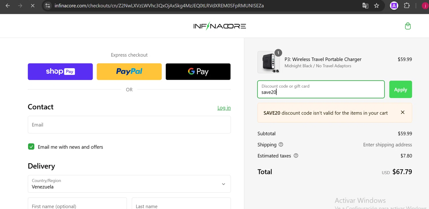 InfinaCore promo code screenshot showing code save20 applied at InfinaCore checkout page. Uploaded by SimplyCodes community member DiaCritics on Jan 10, 2025