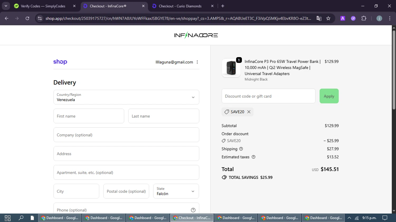 InfinaCore promo code screenshot showing code save20 applied at InfinaCore checkout page. Uploaded by SimplyCodes community member MoneyFox4293 on Jan 3, 2026