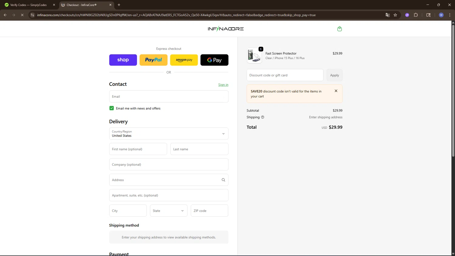InfinaCore checkout page showing InfinaCore promo code box | Screenshot taken by SimplyCodes community member on Feb 14, 2026