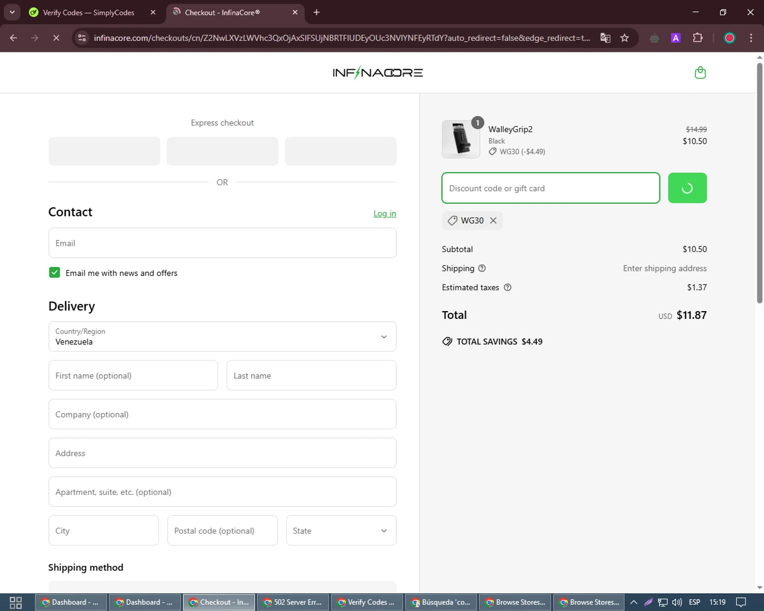 InfinaCore promo code screenshot showing code WG30 applied at InfinaCore checkout page. Uploaded by SimplyCodes community member David_Garcia on Apr 1, 2025