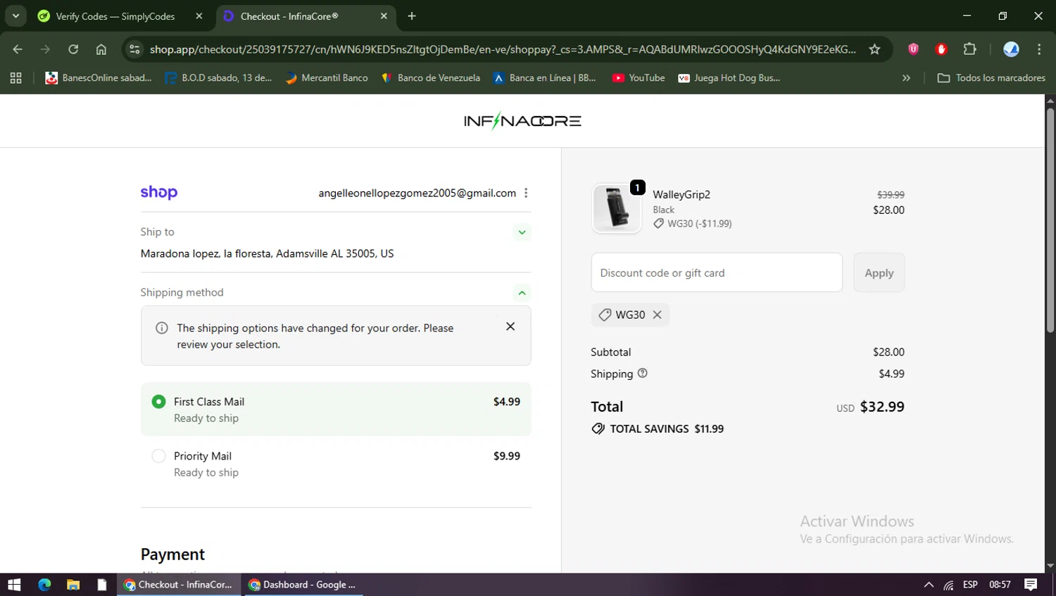 InfinaCore promo code screenshot showing code WG30 applied at InfinaCore checkout page. Uploaded by SimplyCodes community member TreasureShopper9156 on Dec 11, 2025