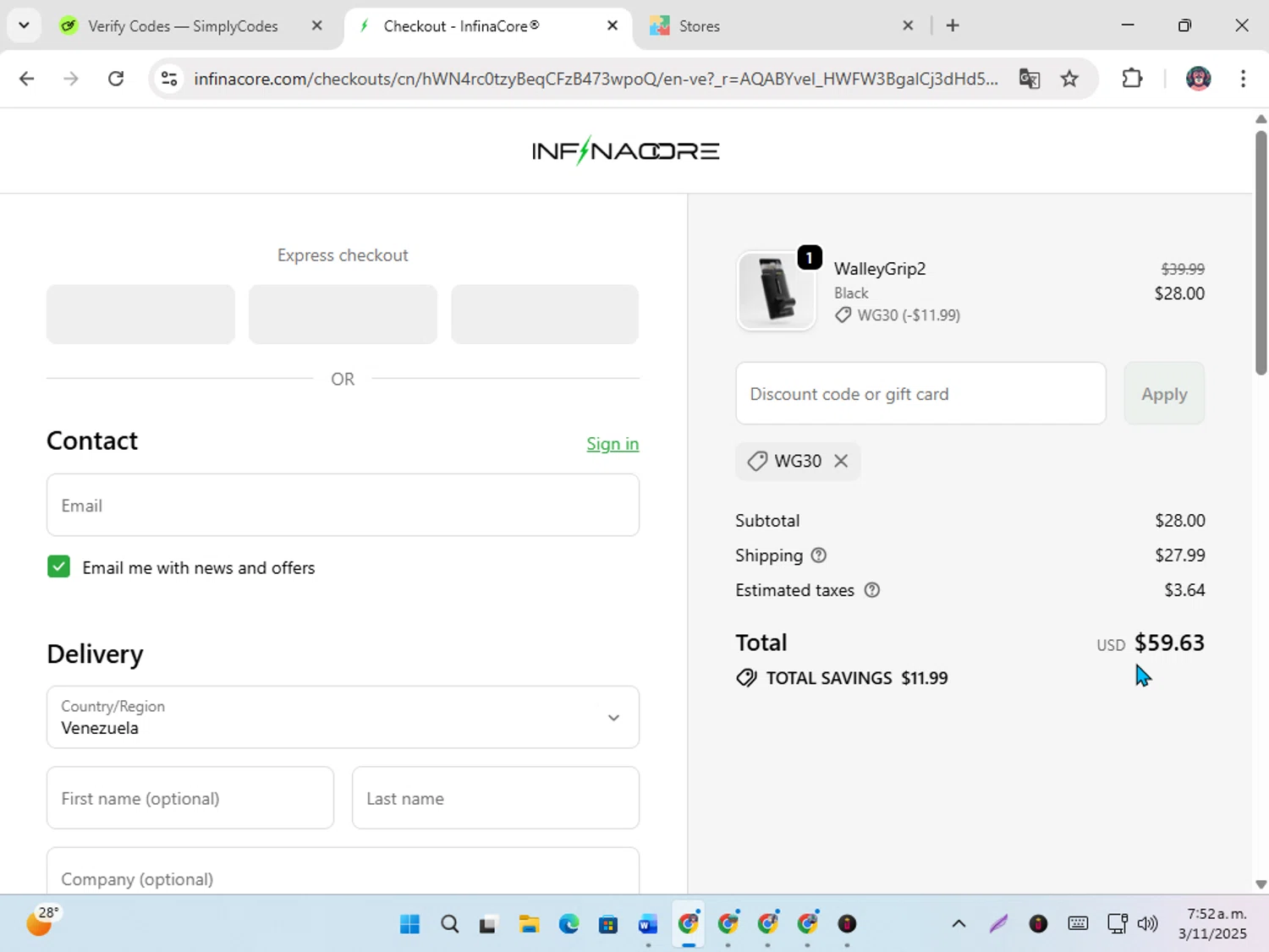 InfinaCore promo code screenshot showing code WG30 applied at InfinaCore checkout page. Uploaded by SimplyCodes community member karoline on Nov 3, 2025