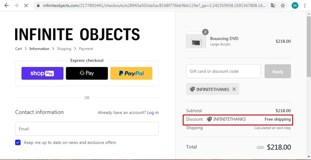 Infinite Objects checkout page showing Infinite Objects discount code box | Screenshot taken by SimplyCodes community member on Nov 30, 2020