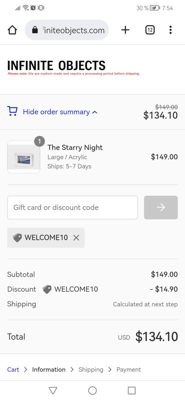 Infinite Objects checkout page showing Infinite Objects discount code box | Screenshot taken by SimplyCodes community member on May 17, 2023