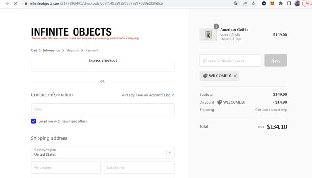 Infinite Objects checkout page showing Infinite Objects discount code box | Screenshot taken by SimplyCodes community member on Mar 20, 2023