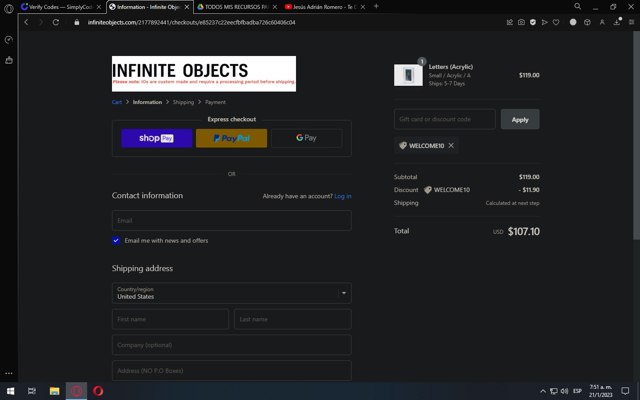 Infinite Objects checkout page showing Infinite Objects discount code box | Screenshot taken by SimplyCodes community member on Jan 21, 2023