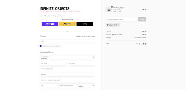Infinite Objects checkout page showing Infinite Objects discount code box | Screenshot taken by SimplyCodes community member on Jul 14, 2023