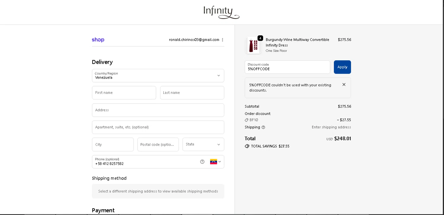 InfinityDress promo code screenshot showing code 5%OFFCODE applied at InfinityDress checkout page. Uploaded by SimplyCodes community member CodeExpert7814 on Nov 26, 2025