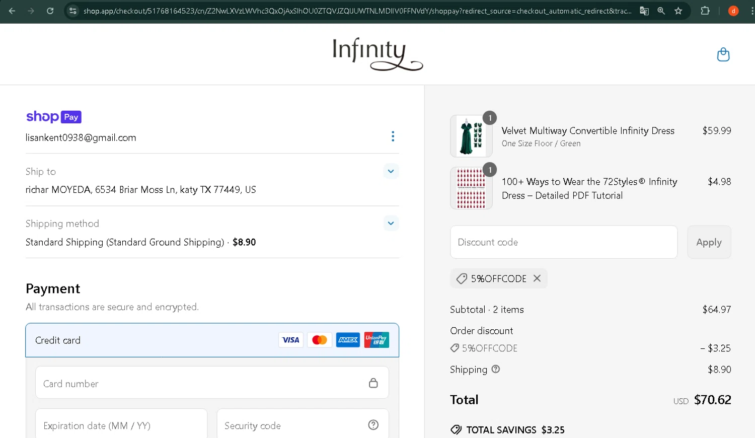 InfinityDress promo code screenshot showing code 5%OFFCODE applied at InfinityDress checkout page. Uploaded by SimplyCodes community member VictoriaMoyeda on Jun 13, 2025