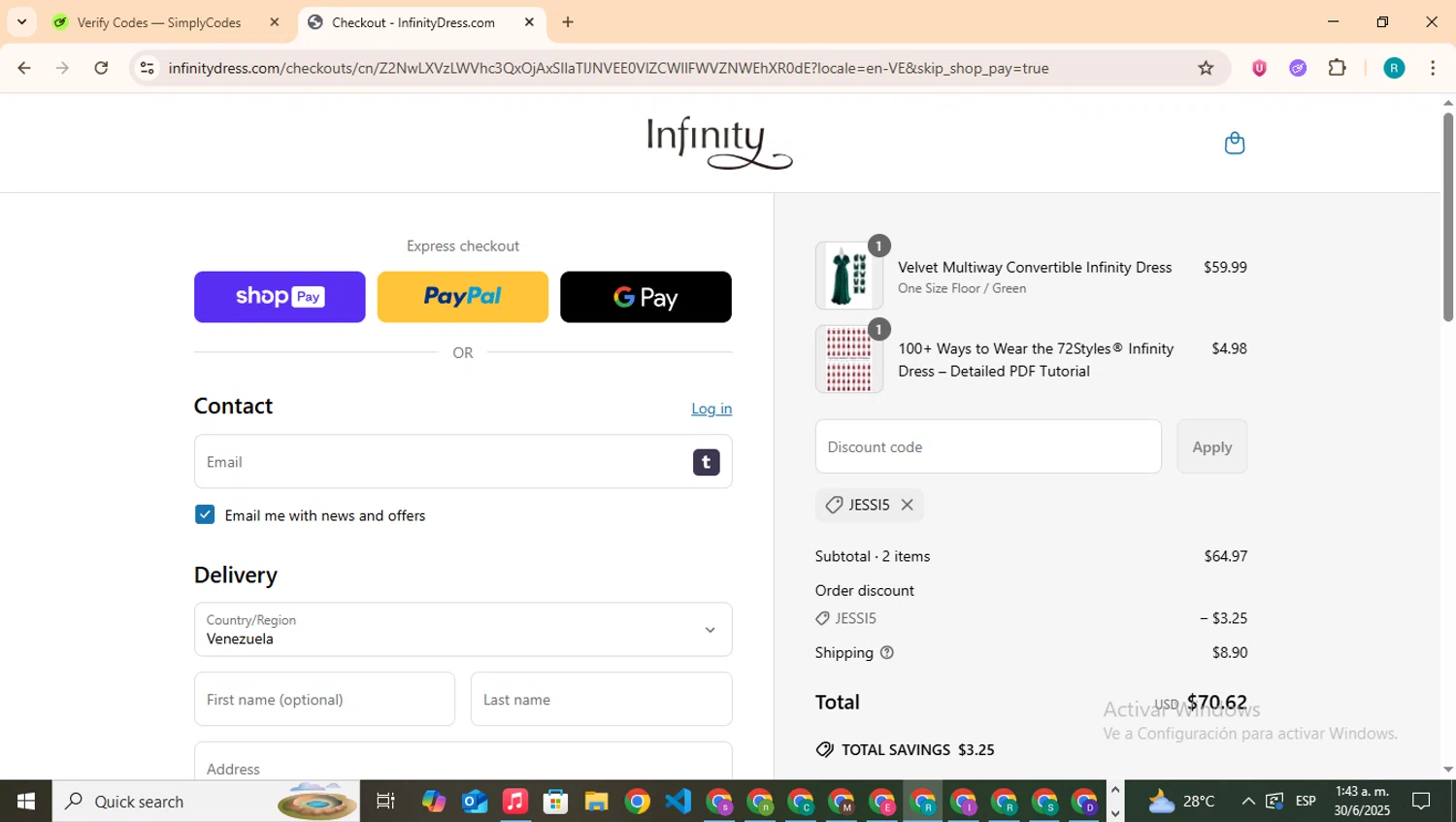 InfinityDress promo code screenshot showing code JESSI5 applied at InfinityDress checkout page. Uploaded by SimplyCodes community member BudgetHero4407 on Jun 30, 2025
