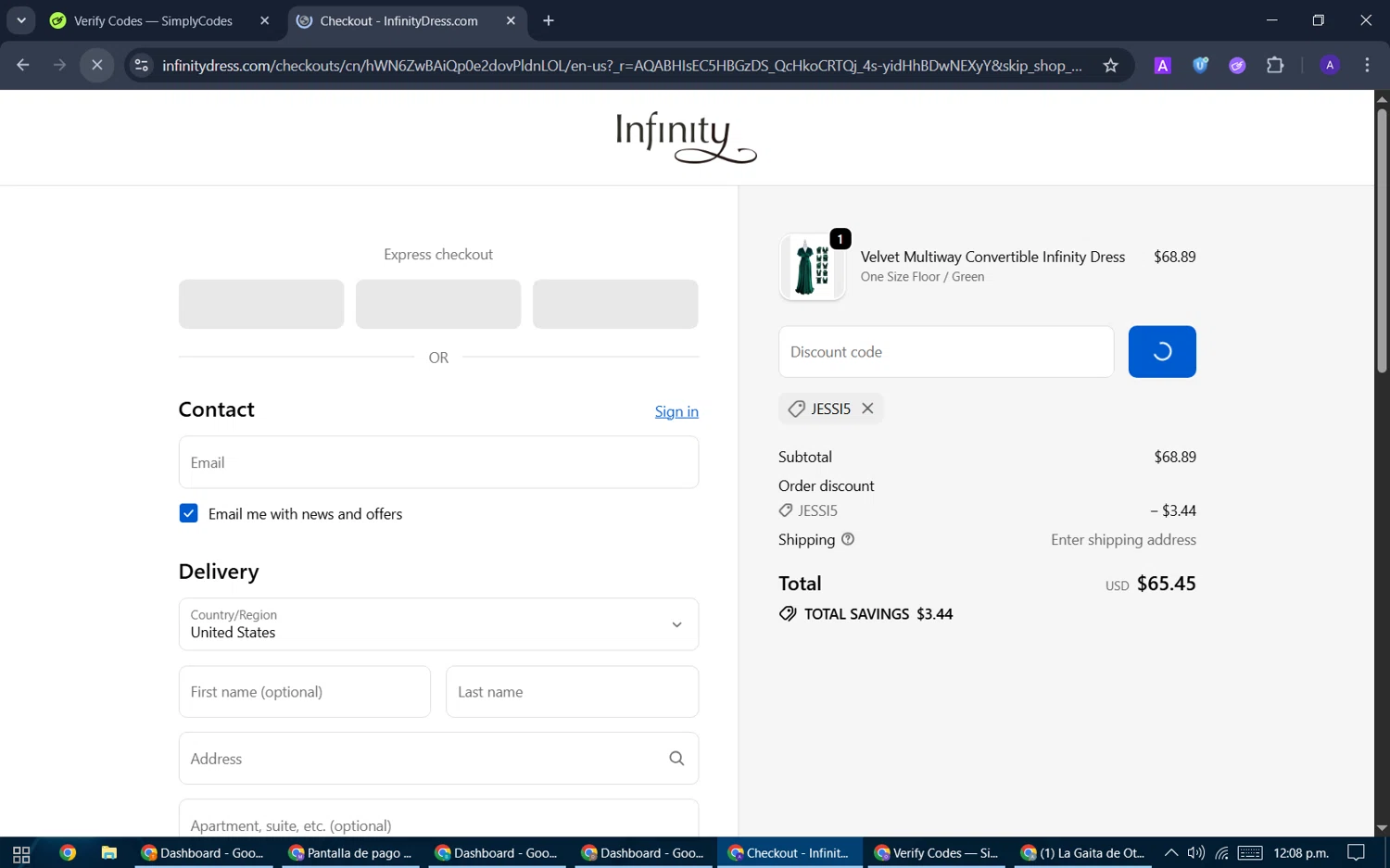 InfinityDress promo code screenshot showing code JESSI5 applied at InfinityDress checkout page. Uploaded by SimplyCodes community member ThriftySentinel2853 on Dec 18, 2025