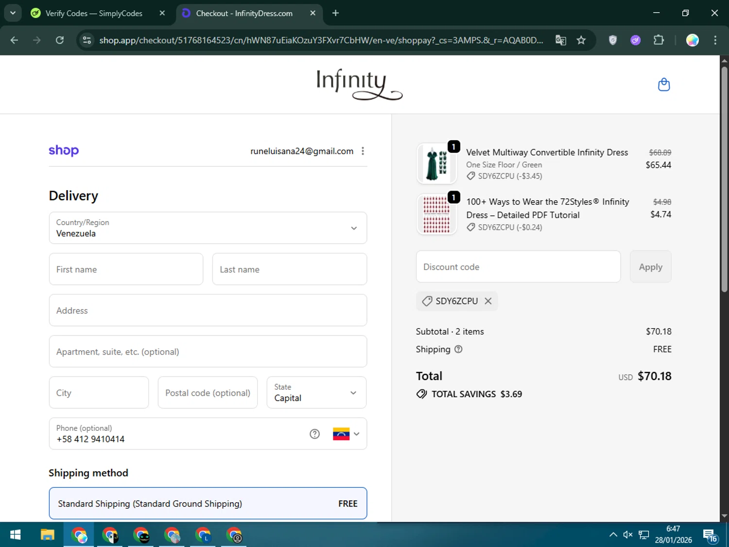 InfinityDress promo code screenshot showing code SDY6ZCPU applied at InfinityDress checkout page. Uploaded by SimplyCodes community member Estrellitacoairis on Jan 28, 2026