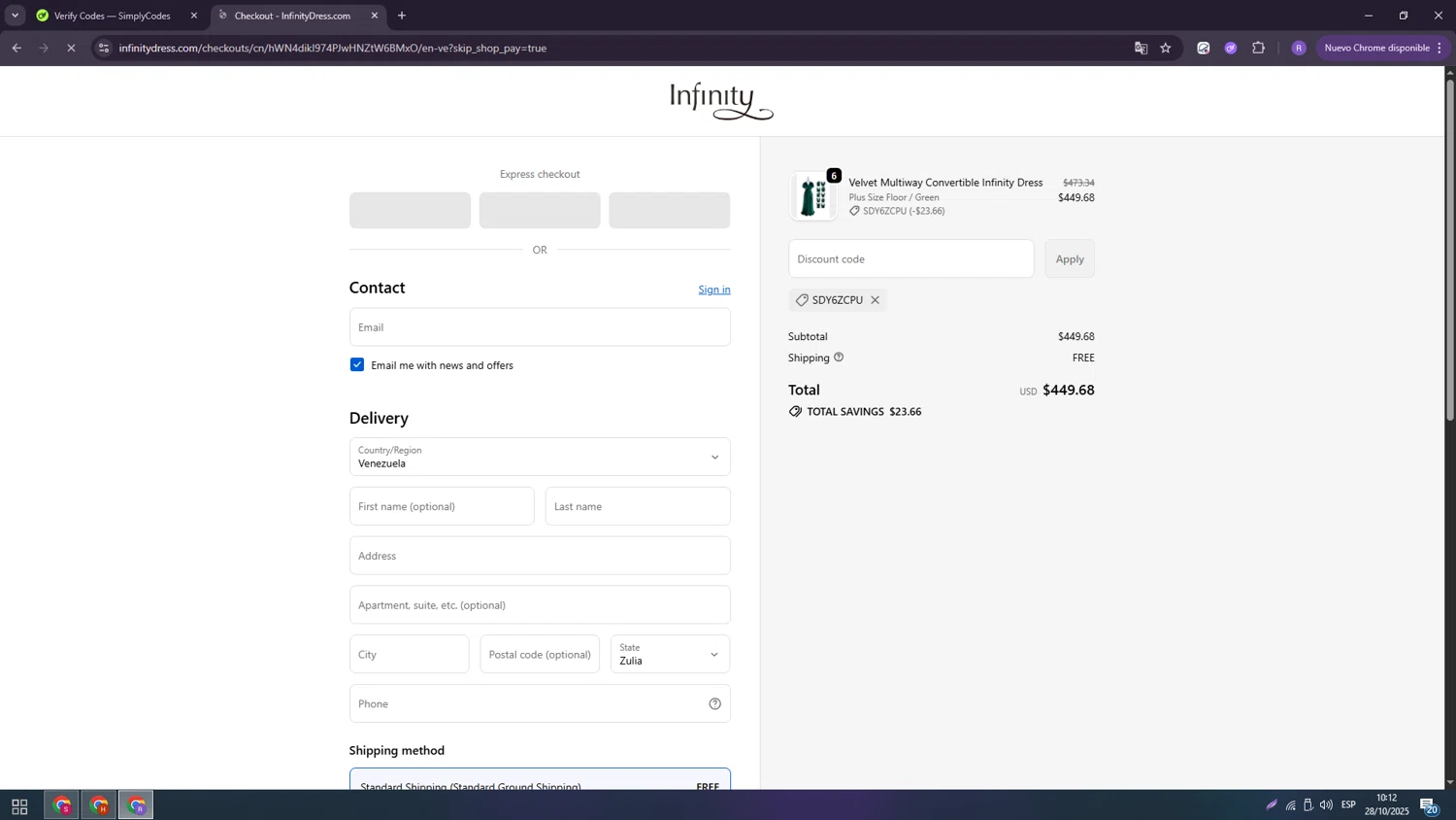 InfinityDress promo code screenshot showing code SDY6ZCPU applied at InfinityDress checkout page. Uploaded by SimplyCodes community member usenameee on Oct 28, 2025