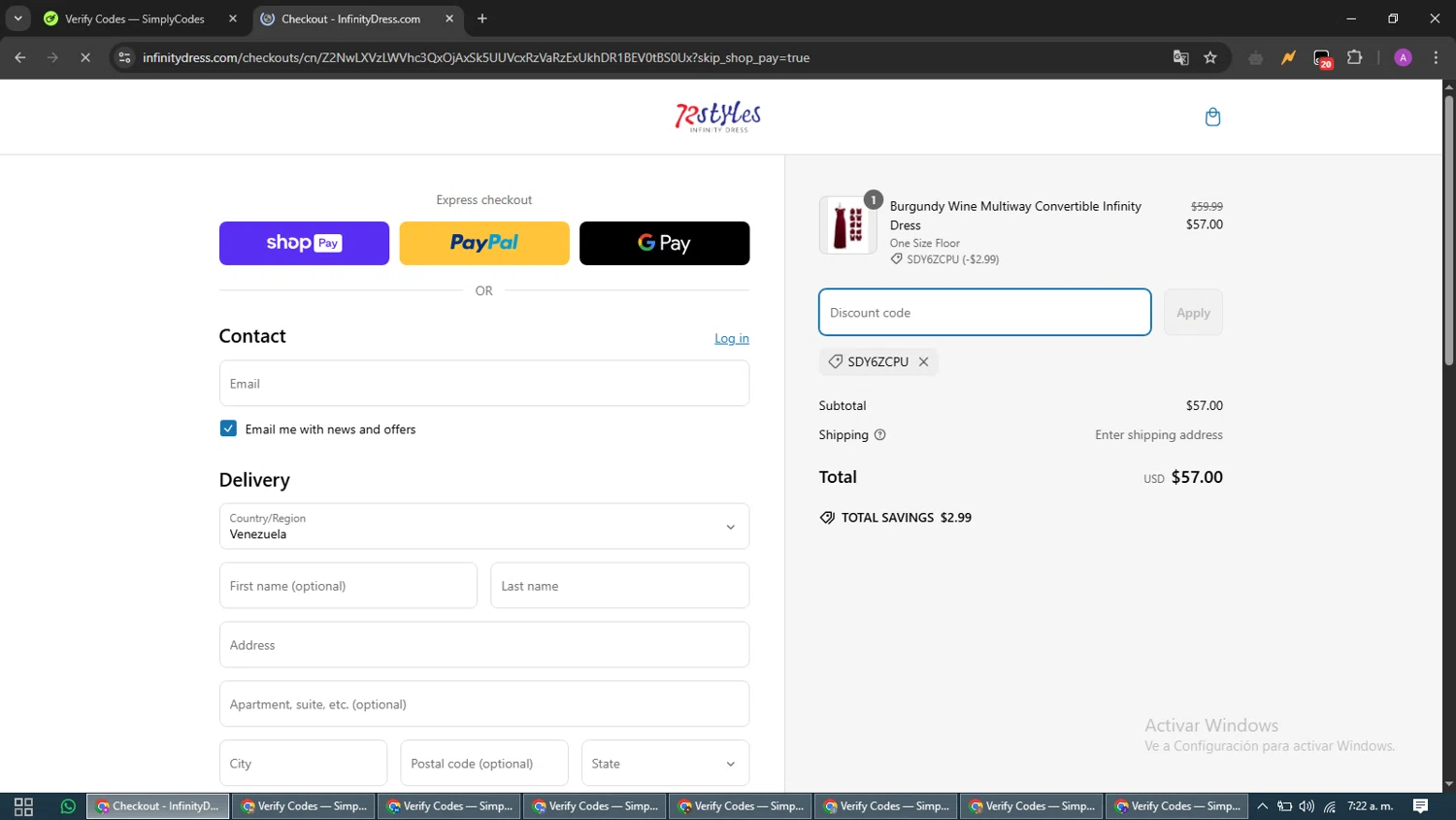 InfinityDress promo code screenshot showing code SDY6ZCPU applied at InfinityDress checkout page. Uploaded by SimplyCodes community member CouponScout5403 on Mar 8, 2025