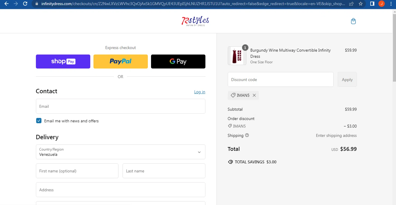 InfinityDress promo code screenshot showing code IMAN5 applied at InfinityDress checkout page. Uploaded by SimplyCodes community member FranquizJoel on Feb 19, 2025