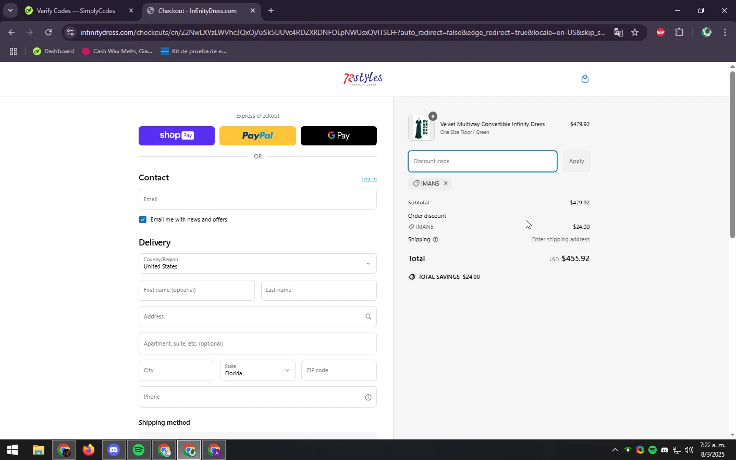 InfinityDress promo code screenshot showing code IMAN5 applied at InfinityDress checkout page. Uploaded by SimplyCodes community member ScanGenius949 on Mar 8, 2025