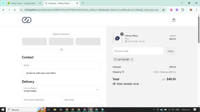 Infinity Pillow checkout page showing Infinity Pillow discount code box | Screenshot taken by SimplyCodes community member on Aug 13, 2025
