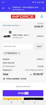 FREEDOM10 coupon verification screenshot