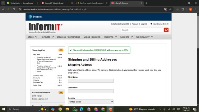 InformIT checkout page showing InformIT discount code box | Screenshot taken by SimplyCodes community member on Apr 13, 2025