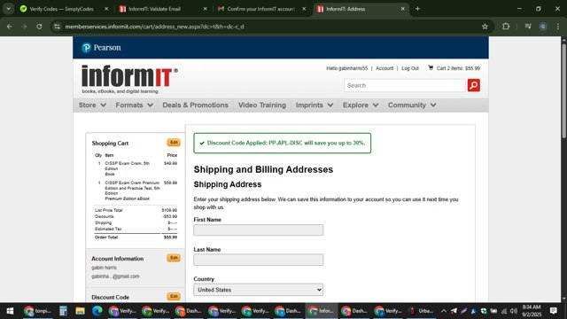InformIT checkout page showing InformIT discount code box | Screenshot taken by SimplyCodes community member on Sep 2, 2025