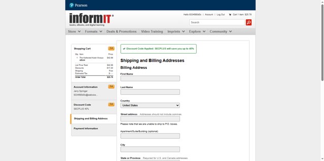 InformIT checkout page showing InformIT discount code box | Screenshot taken by SimplyCodes community member on Sep 2, 2025