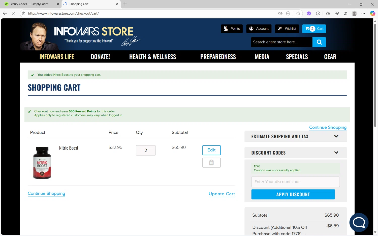 Infowars Store promo code screenshot showing code 1776 applied at Infowars Store checkout page. Uploaded by SimplyCodes community member juan1702 on Sep 26, 2025