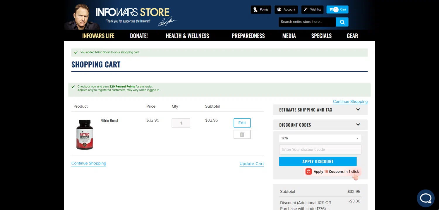 Infowars Store promo code screenshot showing code 1776 applied at Infowars Store checkout page. Uploaded by SimplyCodes community member Dorothy on Aug 28, 2025