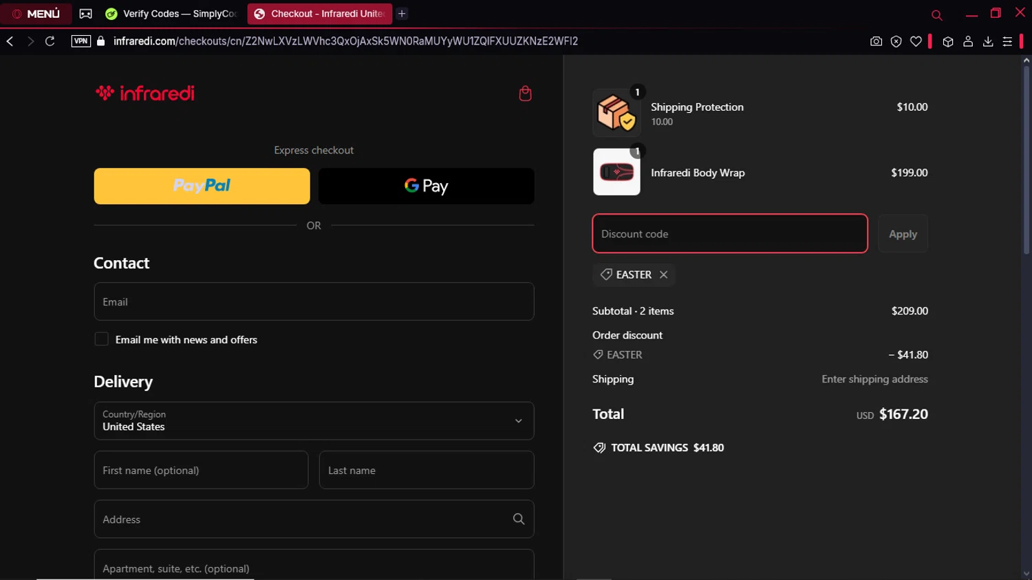 Infraredi discount code screenshot showing code EASTER applied at Infraredi checkout page. Uploaded by SimplyCodes community member Formama on Mar 8, 2025