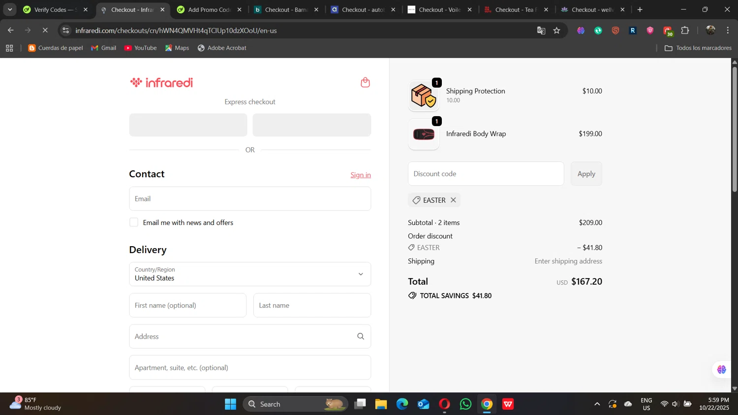 Infraredi discount code screenshot showing code EASTER applied at Infraredi checkout page. Uploaded by SimplyCodes community member naimbethak on Oct 22, 2025